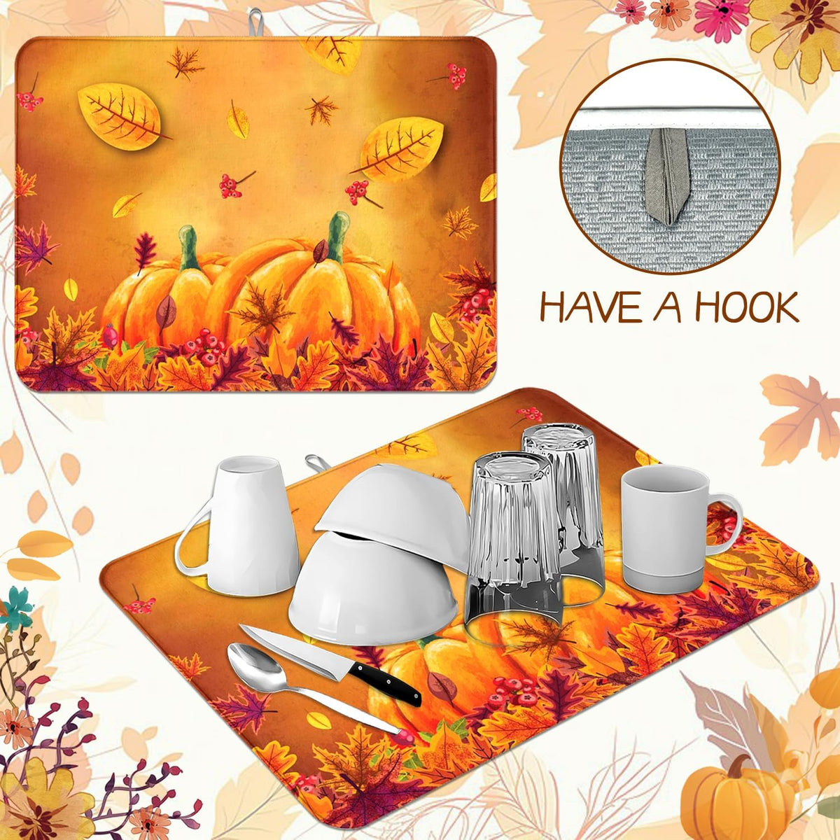 Harvest Pumpkin Maple Leaf Dish Drying Mat for Kitchen Counter, Absorbent Drying Mat with Autumn Fall Leaves, Kitchen Countertop Protector, Farmhouse Coffee Bar Decor, 18 x 24 Inch