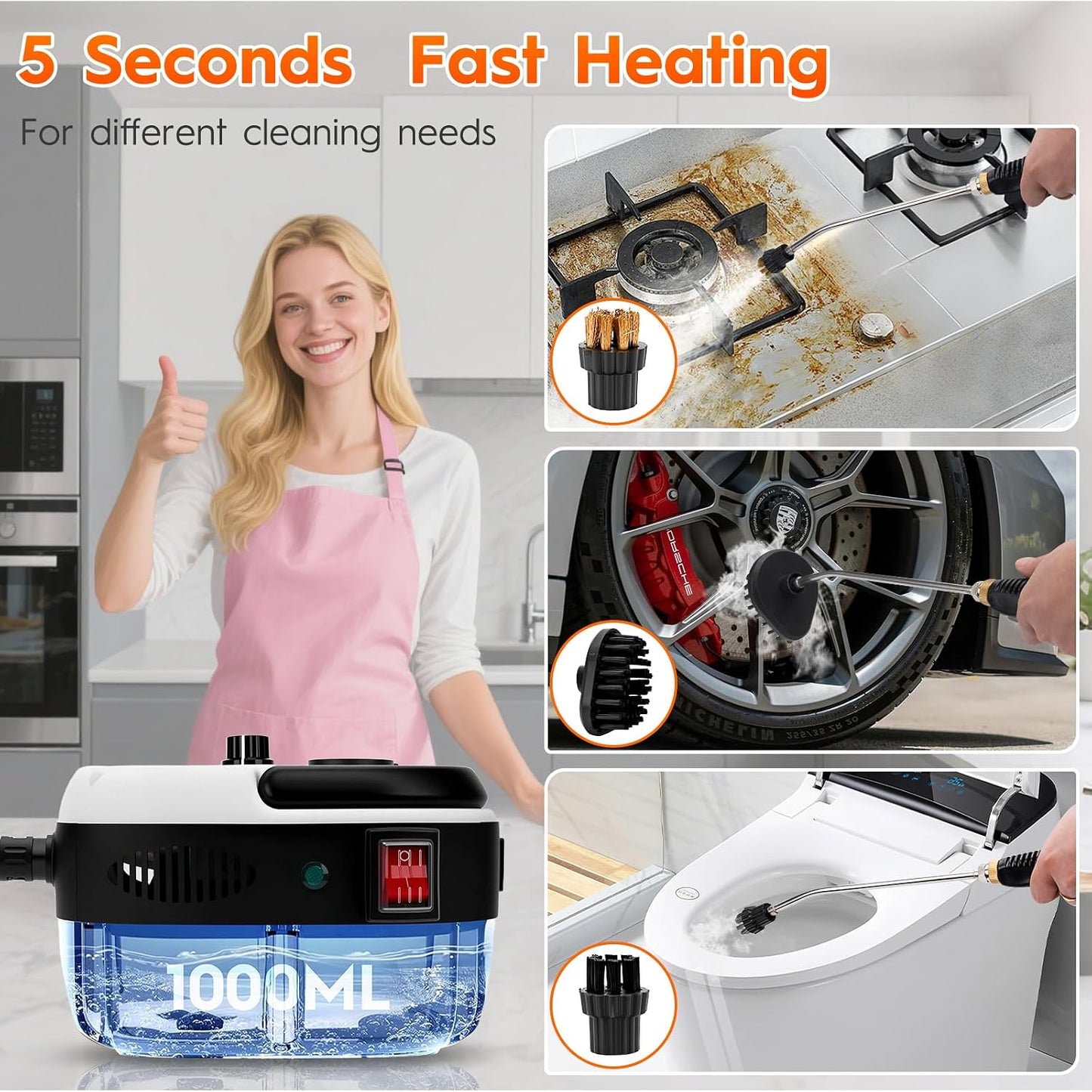 Steam Cleaner for Home, 1000ml Portable Steamer for Cleaning with 3 Brush Heads, 6-Level Adjustable and 15s Heat-Up, Handheld Steam Cleaner for Home, Car, Tile, Dirt, Grout, Floors, Couches, Grout