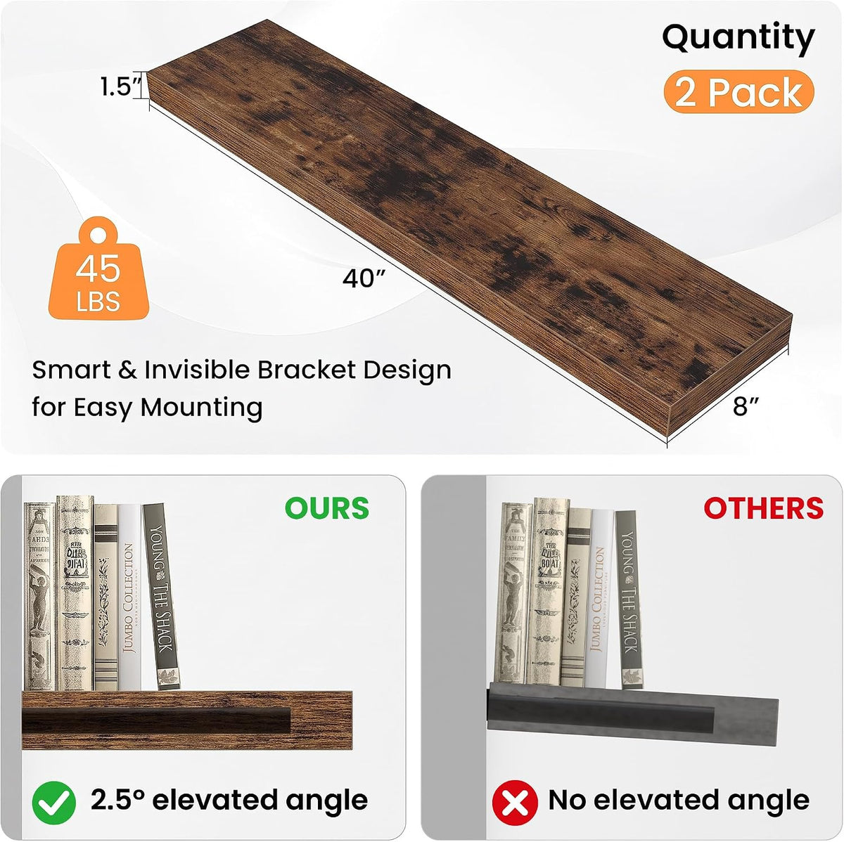 40" Floating Shelves for Wall, Wooden Wall Mounted Shelf, Set of 2, Brown