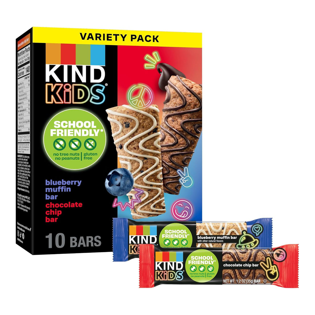 KIND Kids Granola Bars Variety Pack, Gluten Free, Low Sodium, Peanut and Tree Nut Free Snacks, Chocolate Chip, Blueberry Muffin, 5g Protein, 10 Count