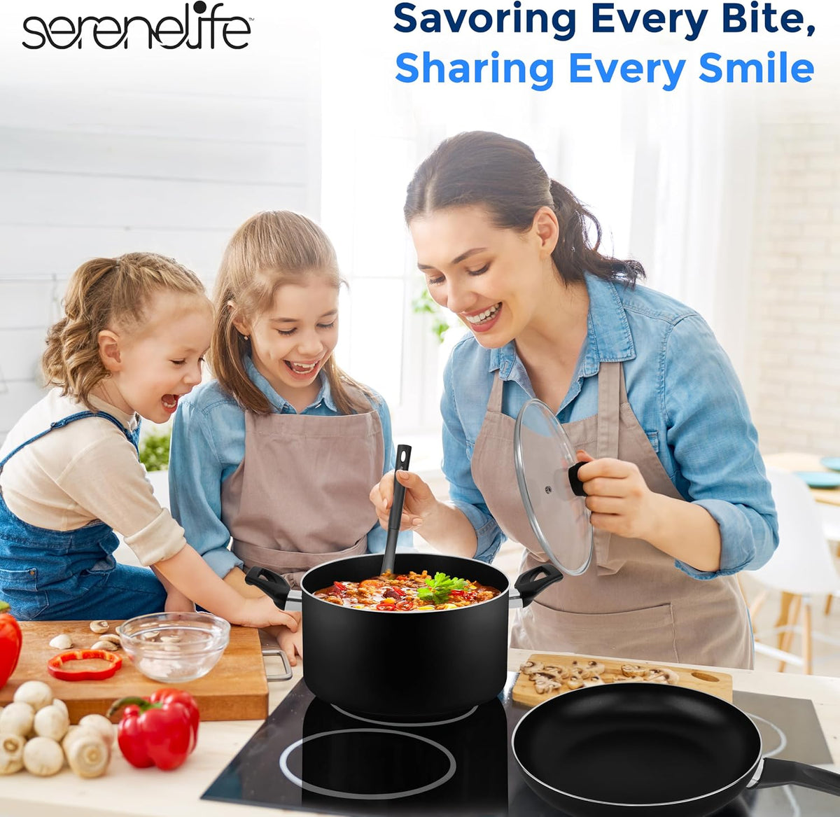 15-Piece Nonstick Kitchen Cookware Set - PTFE/PFOA/PFOS Free Heat Resistant Lacquer Kitchen Ware Pots Pan Set w/Bakelite Handles, Saucepan, Frying Pans, See-through Lid - SereneLife SLCW15BLK (Black)