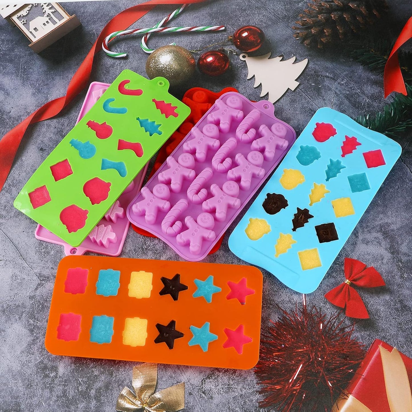 Christmas Silicone Chocolate and Candy Molds, Small Baking Molds for Cake Toppers, Santa Clause Snowman Christmas Tree Presents Gingerbread Stockings Star Candy Cane Molds 6Pcs