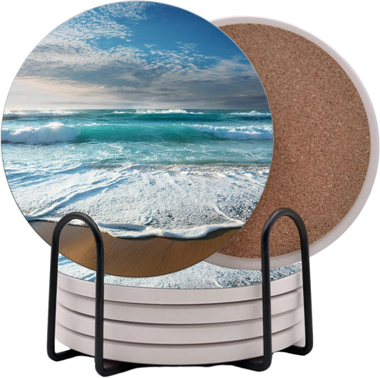 Ocean Coastal Theme Round Coasters Set of 6 - Abosrbent Ceramic Coasters with Metal Stand for Drinks