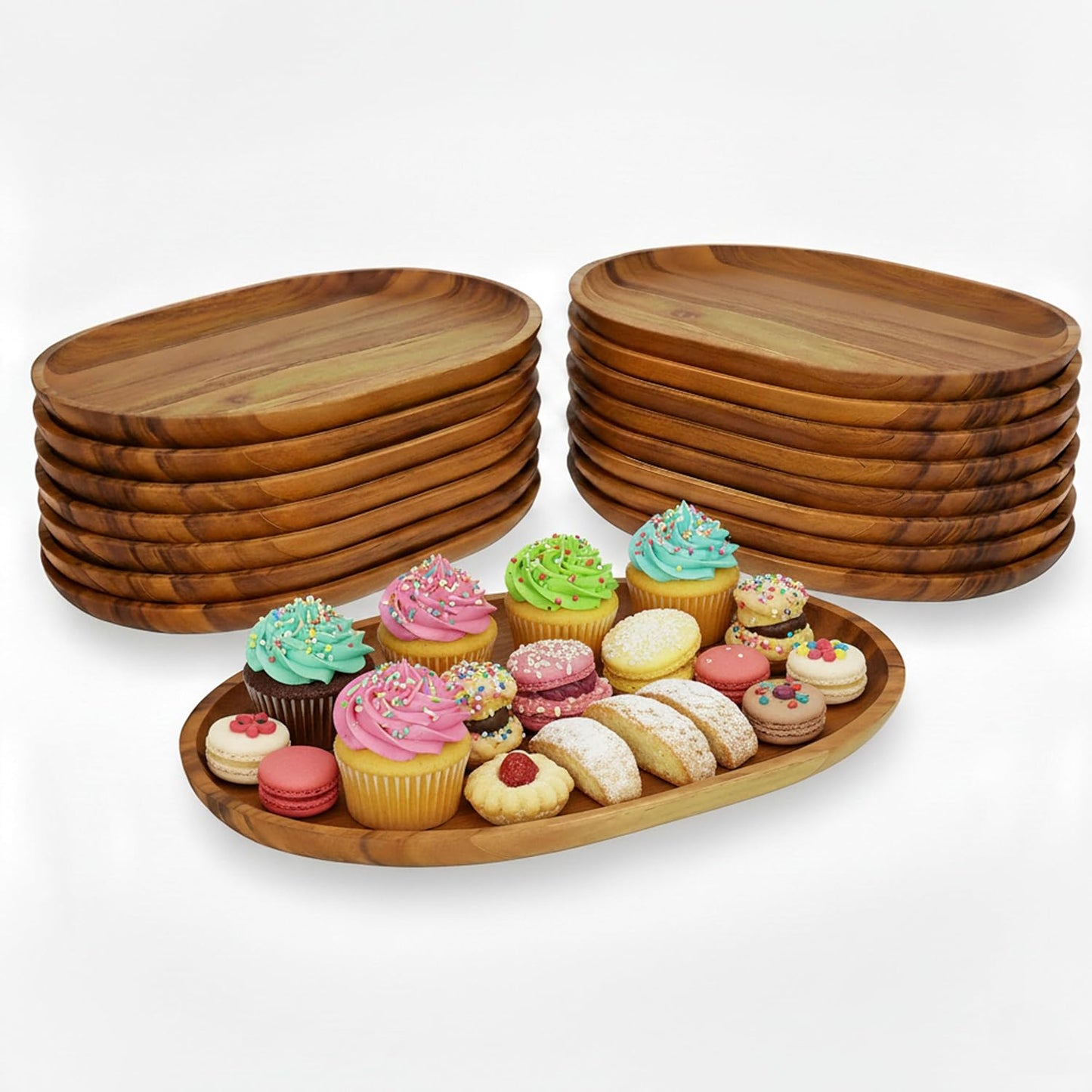 Woodard &amp; Charles Acacia Wood Large Oval Serving Tray, 10" x 15", 16 Pack | Acacia Wood Oval Serving Tray; Perfect for Charcuterie, Cheese, Tapas, Sushi, Crudités and Appetizers at Any Gathering