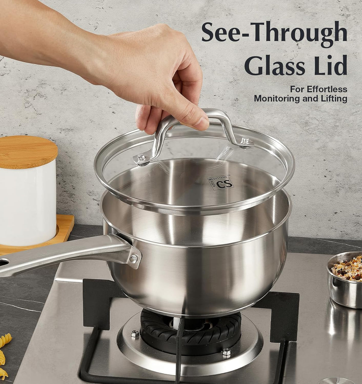 KOCH SYSTEME CS 1 Quart Stainless Steel Saucepan, 1 Quart Saucepan with Lid, Premium Steel Sauce Pan, Indutcion Sauce Pan with Lid, Small Sauce Pot, Stainless Steel Pot 1 QT, Oven Safe