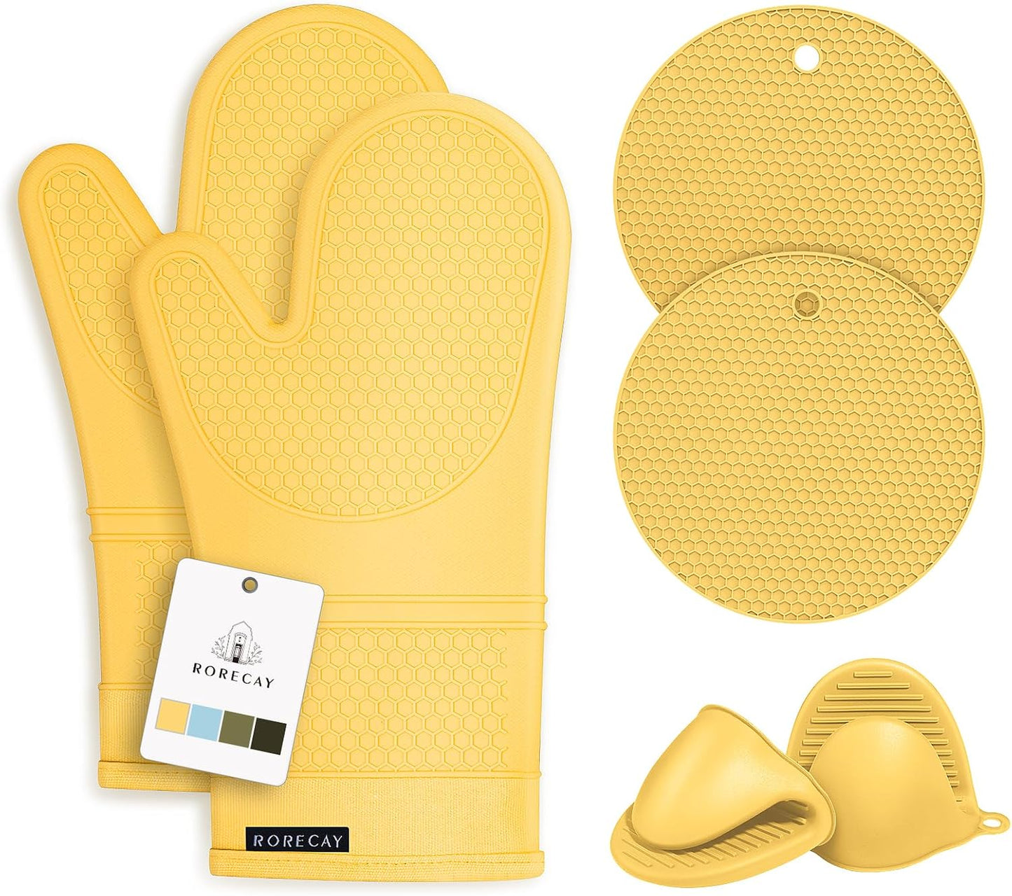 RORECAY Silicone Oven Mitts and Pot Holders Sets, Kitchen Gloves, Yellow | Set of 6 Kitchen Mitts for Baking &amp; Cooking, Heat Resistant 500 ℉, 12.7" Extra Long, Non-Slip &amp; Waterproof, Quilted Cotton