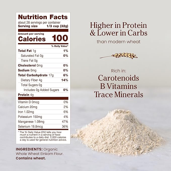 Jovial Organic Einkorn Whole Wheat & Unbleached All Purpose Flour - Bread Baking Flour for Sourdough, High Protein, Non-GMO, Organic Pizza & Pasta, European Italian - 32 Oz, 2 Pack