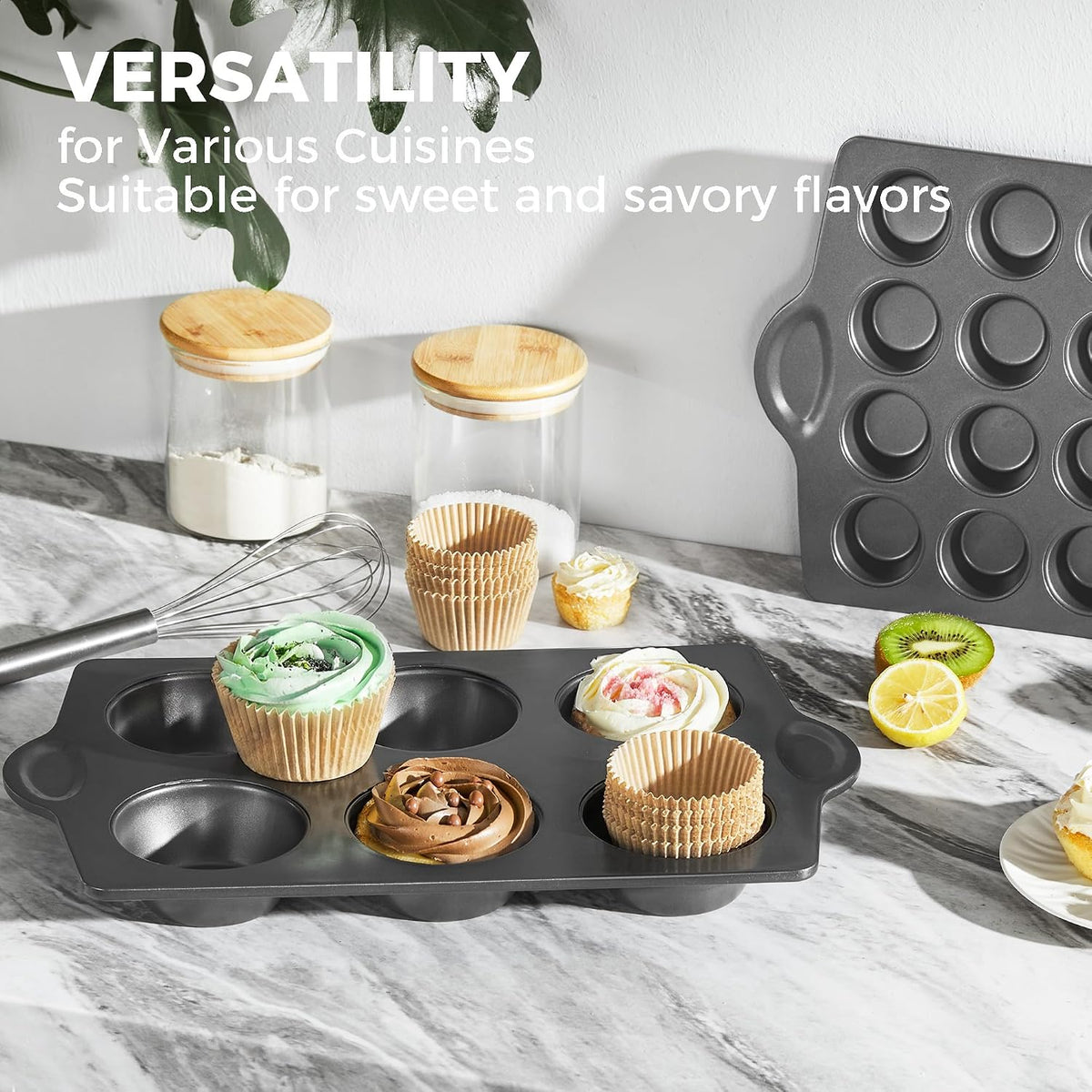 Nonstick Jumbo Muffin Pan, 2 Pack Large Cupcake Tin with 120pcs Muffin Liners, Cup Cake Tray for Baking, 3.5dia, 6 Cup, Premium, Extra Thick