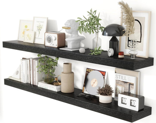 Heimlove 55 Inch Floating Shelves for Wall 8 Inch Deep Black Shelves Set of 2,Wall Mounted Rustic Wood Long Floating