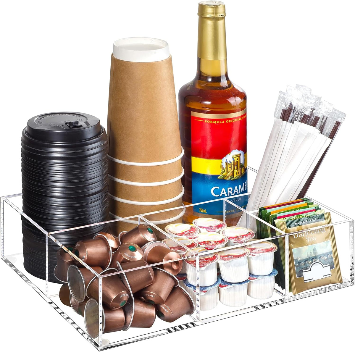 BEYGORM Acrylic Coffee Bar Station Organizer for Countertop,Office Breakroom Clear Snack Tea Storage Accessories Holder for Kcup Pod Condiment Cup Sugar Creamer Syrup, Gift for Coffee Lovers