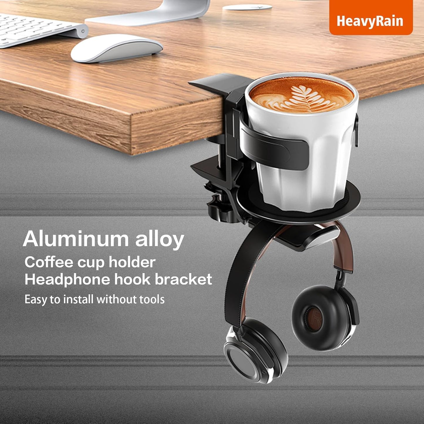 HeavyRain Gaming Cup Holder - 3.58" Universal Drink Mount with 33lb Strong Clamp, Dual Mount Modes & Anti-Spill Design for PC Gamers (Black, HRZ221B)