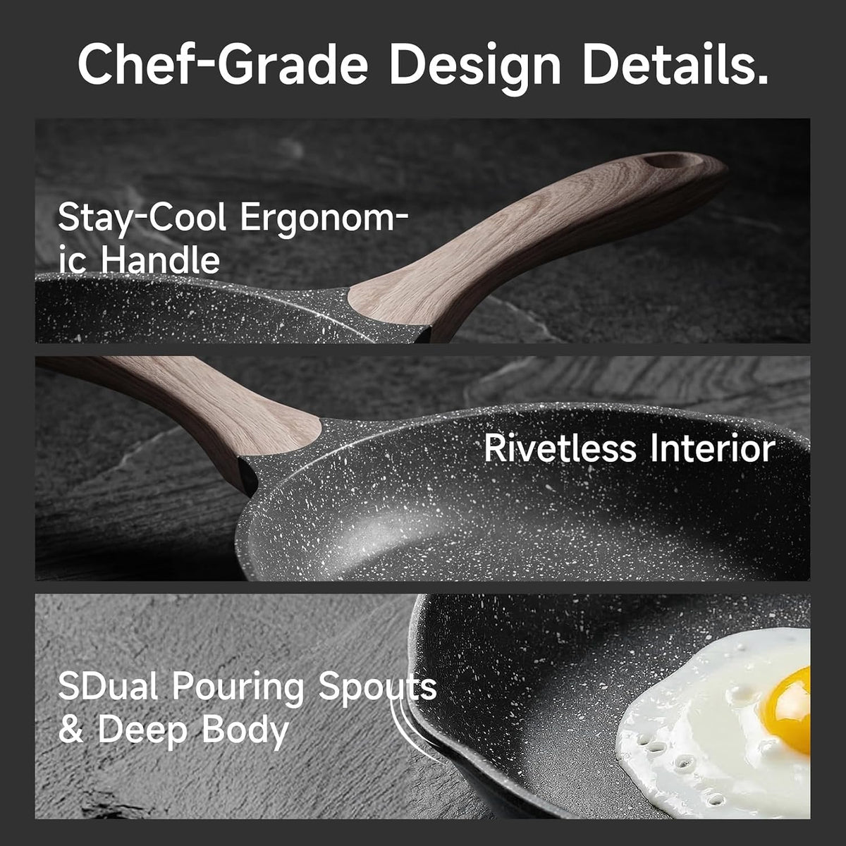 JEETEE 9.5 Inch Nonstick Frying Pan, Stone Coating Cookware, Nonstick Omelette Pan with Heat-Resistant Handle, Induction Skillet for Eggs (Grey)