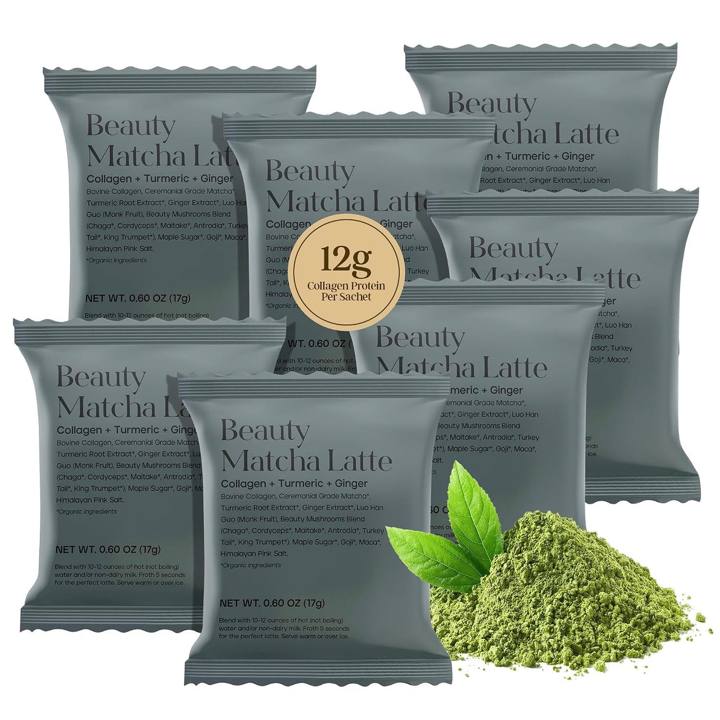 Kroma Beauty Matcha Latte Powder with Collagen, 7 Servings, 17g | Travel size collagen ceremonial grade matcha green tea latte with bovine collagen, ginger, turmeric &amp; adaptogenic mushrooms.