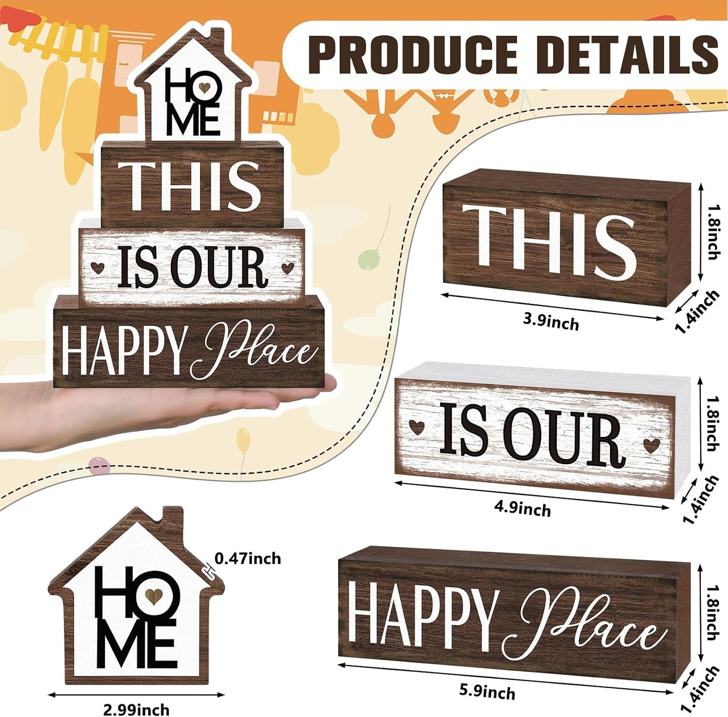 Cinnvoice 4 Pcs Farmhouse Table Decoration Rustic Sign Block,Vintage Home | This Is Our Happy Place Wood Sign, Home Tabletop Centerpiece, Modern Farmhouse Decor for Home Kitchen Shelf Tier Tray Decor