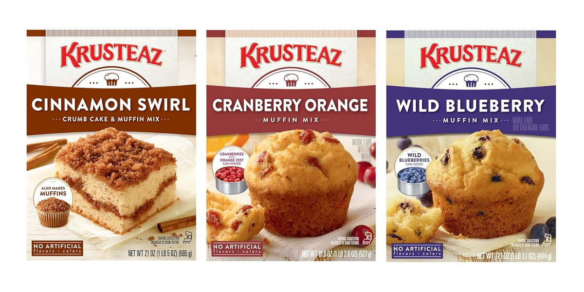 Krusteaz Baking Mix Trio for Breakfast and Bakery Style Treats, Cinnamon Swirl Crumb Cake Mix 21 Ounce, Cranberry Orange Muffin Mix 18.6 Ounce and Wild Blueberry Muffin Mix 17.1 Ounce (Variety Pack)