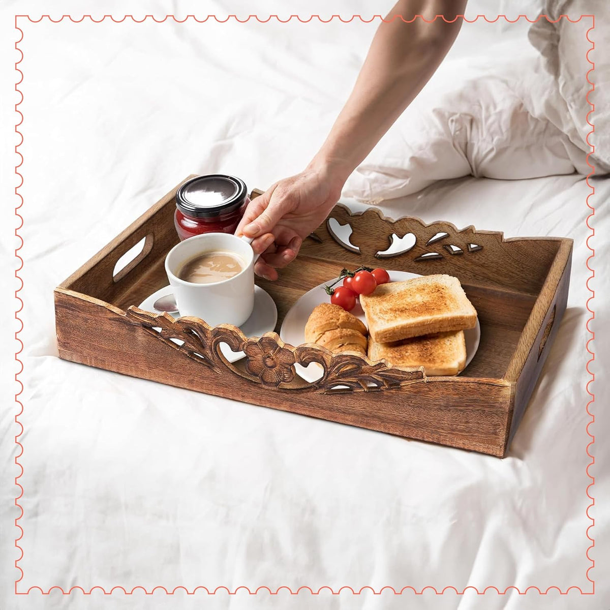 Mela Artisans Orchid Mango Wood Serving Tray - Medium Burnt, 16x12 in | Handcrafted serving tray board with handles for breakfast, coffee and home décor, utilizing built-in base felt pads.
