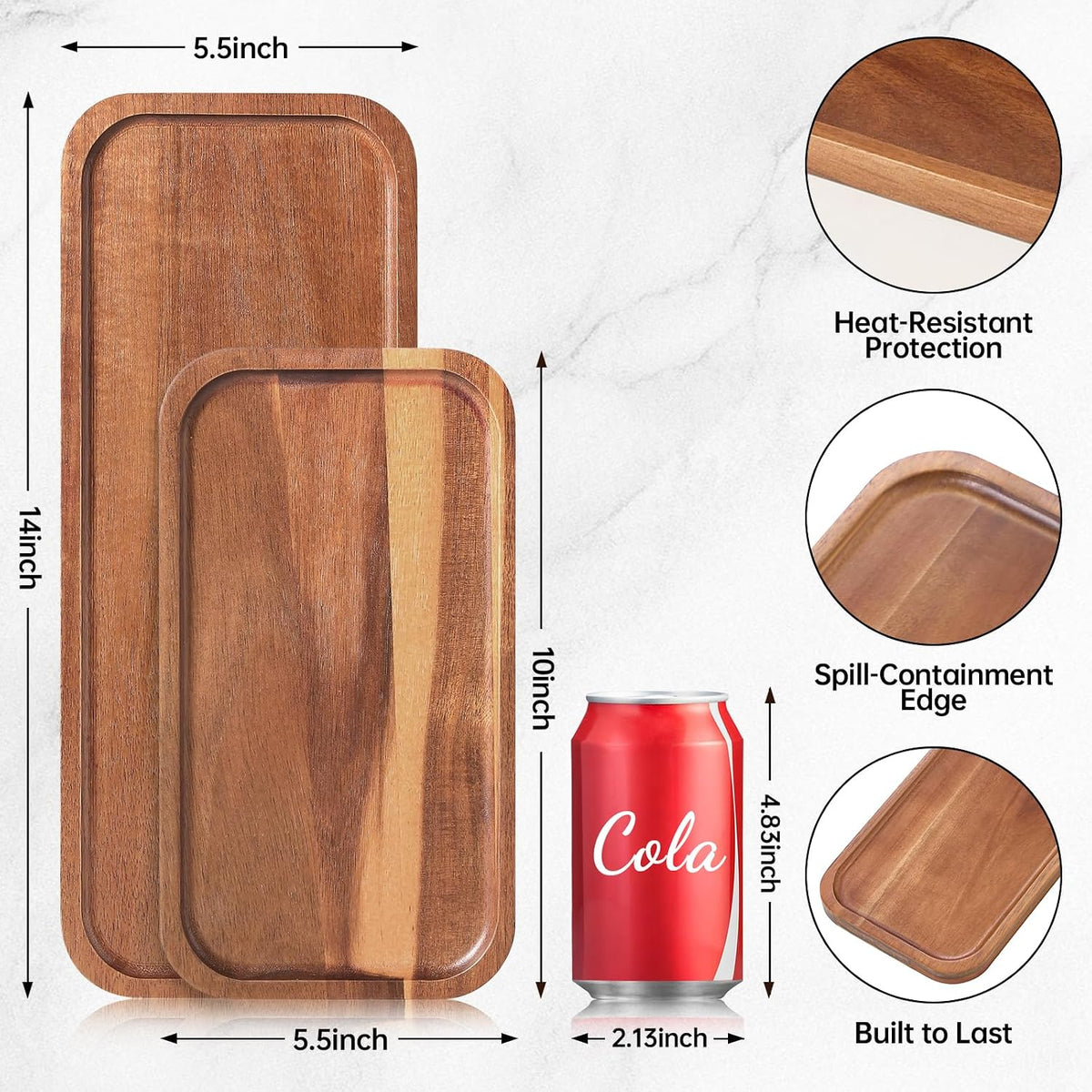 Small Solid Acacia Wood Serving Trays and Platters - Wooden Mini Charcuterie Boards, Rectangle Cheese Board for Food, Bathroom, Home Decor, Kitchen Counter, (14" x 5.5", 1 Pack)
