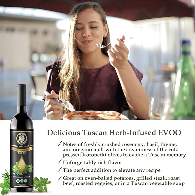 M.G. PAPPAS High Polyphenol Tuscan Herb Infused Olive Oil Extra Virgin - Over 500mg/kg - Unfiltered First Cold Pressed Greek EVOO - Award Winning - Salads Dipping Cooking Baking