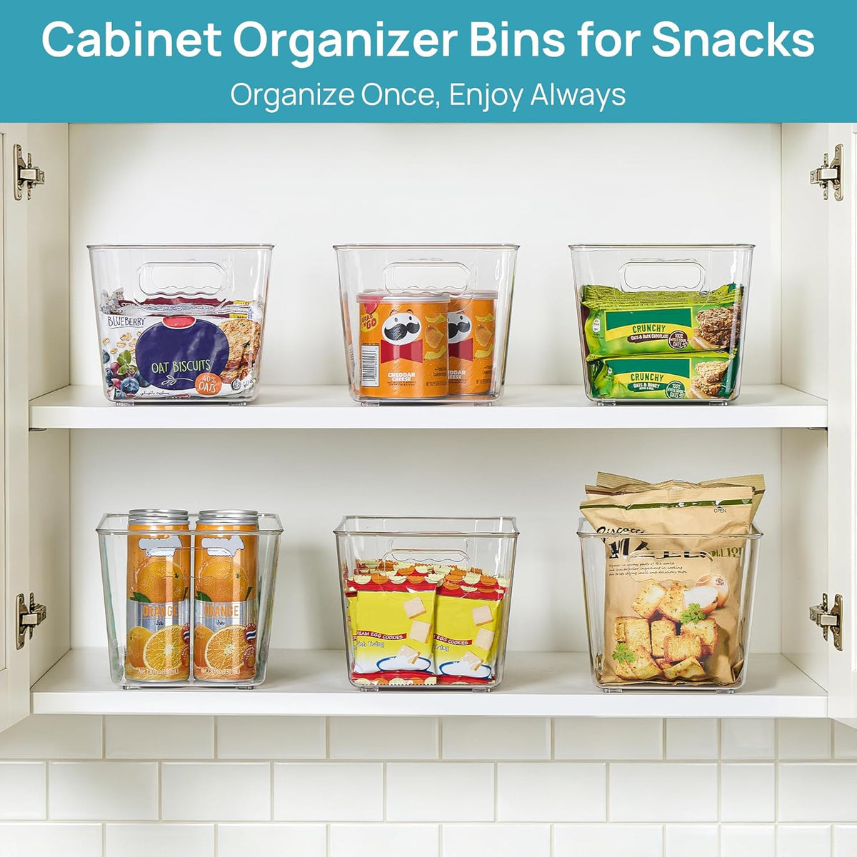 Vtopmart Clear Plastic Storage Bins, 6 PCS Pantry Organizer Bins with Handle for Refrigerator, Fridge, Cabinet, Kitchen, Countertops, Cupboard, Freezer Organization,Medium