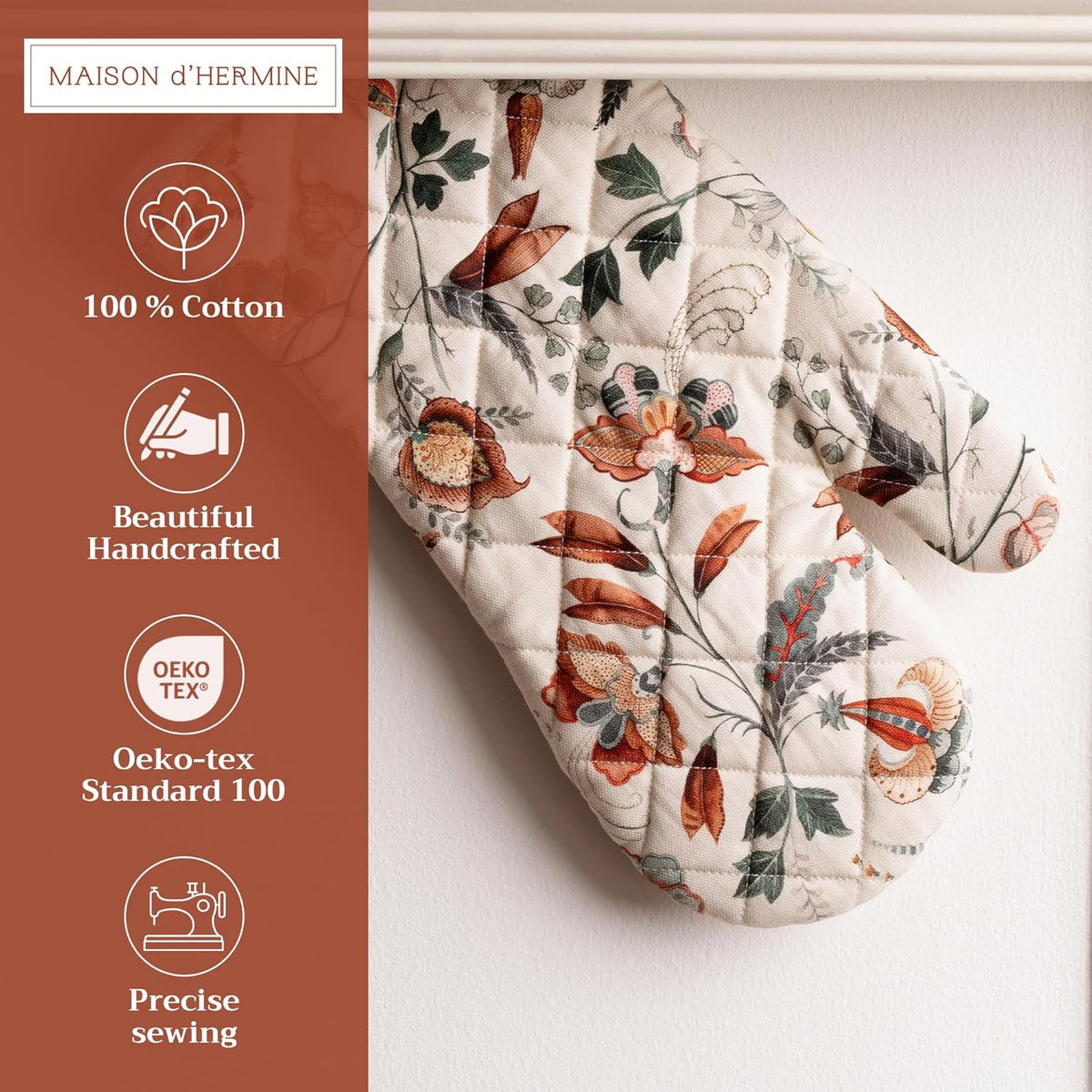 Maison d' Hermine Oven Gloves 100% Cotton Oven Mitt 7" x 13" with Loop Heat Resistant, BBQ, Cooking Gloves, Baking, Grilling, Kitchen, Handling Hot Pans (Pack of 1, Dalida)