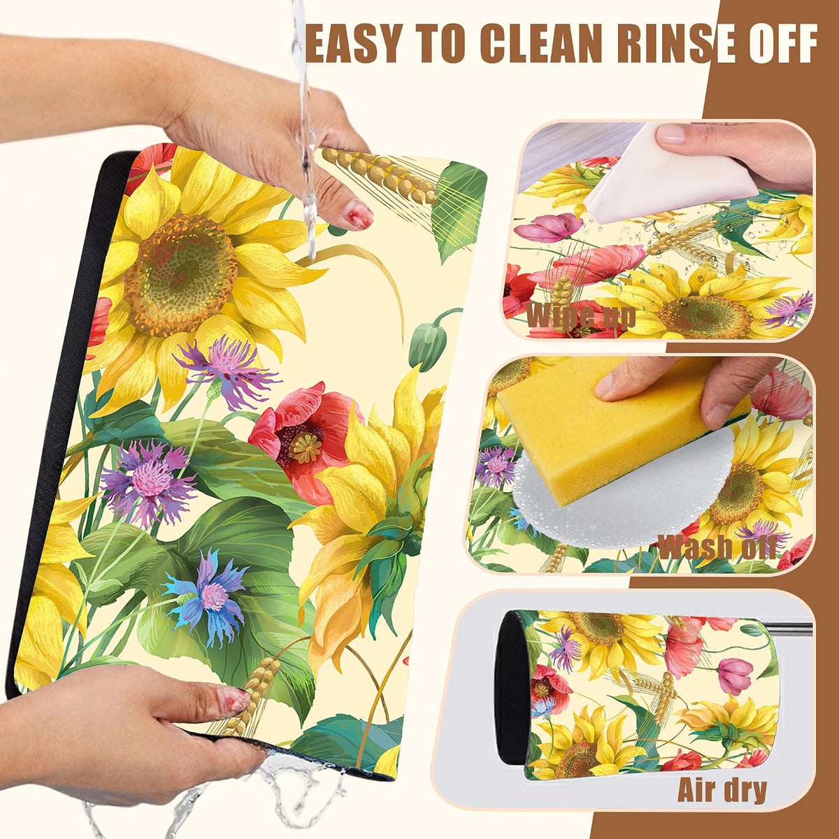 Yellow Sunflower Cornflower Coffee Mat Absorbent Dish Drying Mat for Kitchen Counter Hide Stain Rubber Backed Coffee Bar Accessories Fit Under Espresso Machine 15.7 x 23.6 Inch