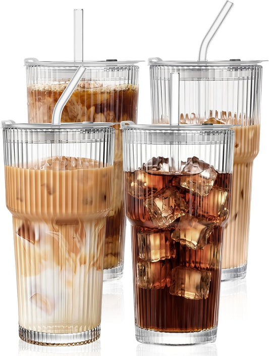 Amyoole 20 oz with Lids and Straws Ribbed Glass Cup Set of 4