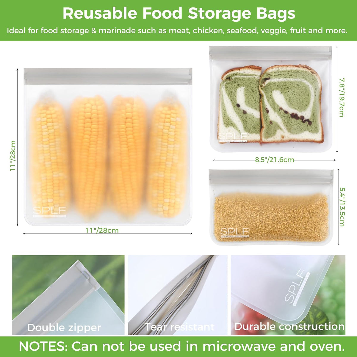 SPLF 12 Pack Dishwasher Safe Reusable Storage Bags(5 Reusable Sandwich 5 Snack 2 Gallon), Extra Thick Freezer Bags Leakproof Silicone and Plastic Free Food Lunch Bag