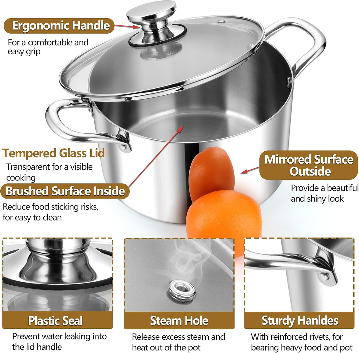 P&P CHEF 8 Quart Tri-Ply Stainless Steel Stock Pot, 8 Qt Stockpot Pasta Cooking Pot with Visible Lid for Soup Vegetable, Induction Cookware for All Stoves, Sturdy & Double Handle, Dishwasher Safe