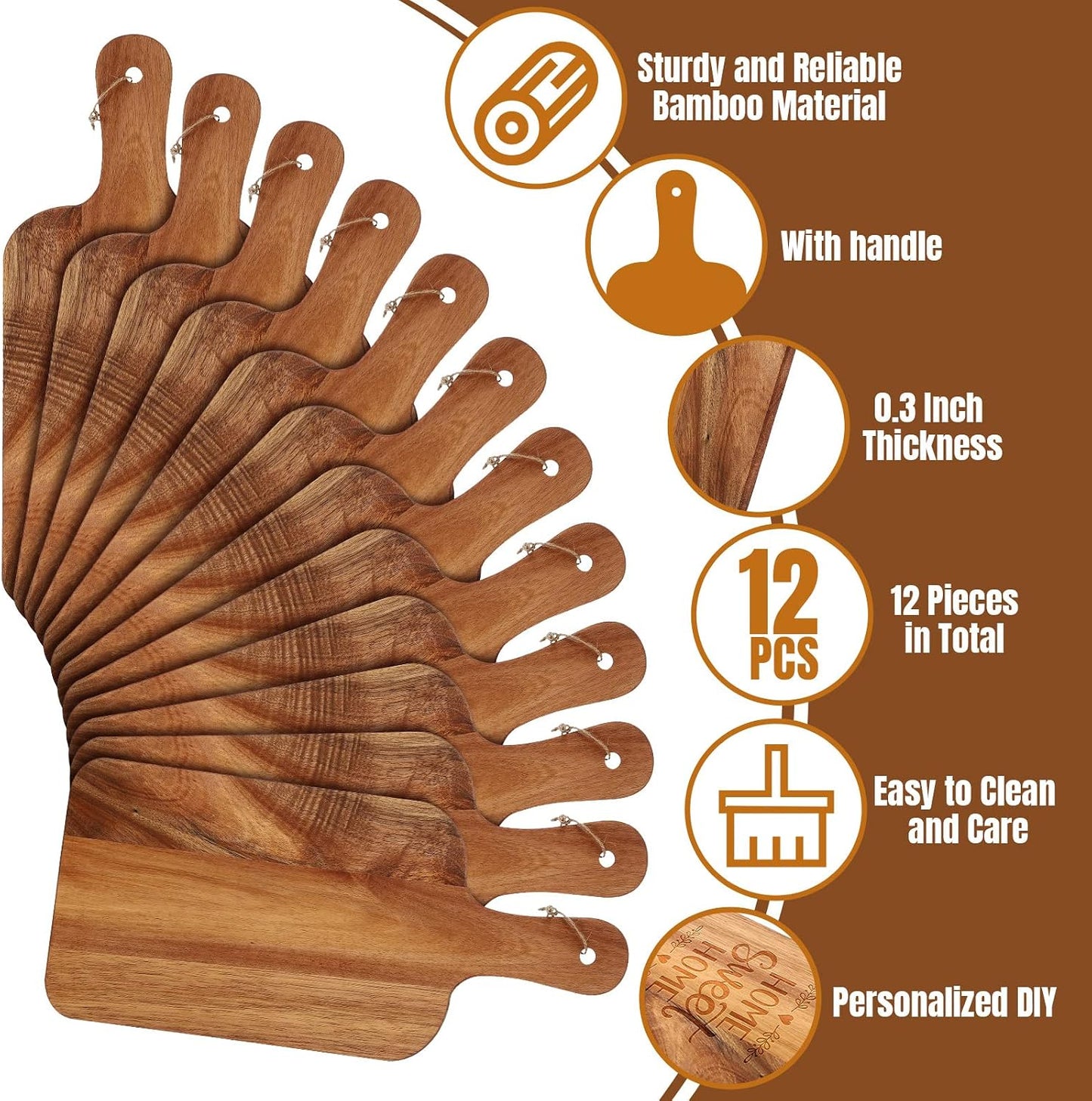 Patelai 12 Packs Acacia Wooden Cutting Board Set with Handles Large 15 x 7 Inch Kitchen Serving Plain Chopping Board Bulk Gifts for Christmas Vegetables Meat Pizza Cheese Fruit Bread