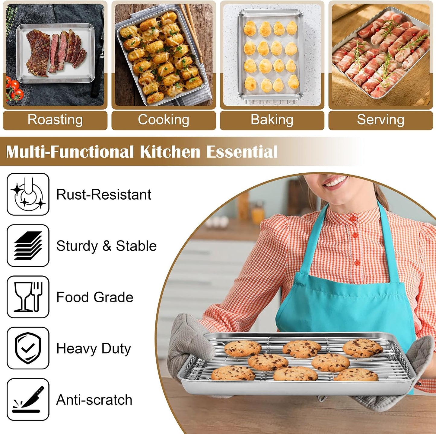 E-far Baking Sheet with Wire Rack (2 Pans + 2 Racks), Stainless Steel Cookie Sheets Pan &amp; Cooling Rack for Baking Cookies Cake, Non Toxic &amp; Heavy Duty, Oven &amp; Dishwasher Safe, 12.4 x 9.7 x 1 Inch