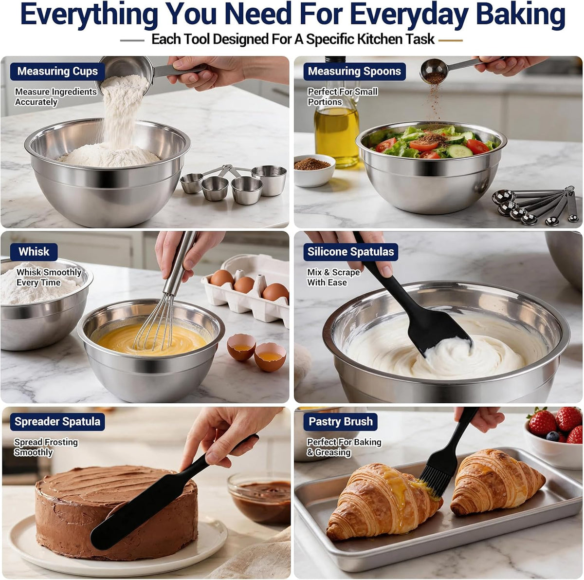 WEPSEN Mixing Bowls Set, 25PCS Stainless Steel Mixing Bowl with Lid Set, Large Nesting Bowls 7, 4.5, 3,2, 1.5QT, Measuring Cups and Spoons Baking Utensils Metal Bowl for Kitchen Prep