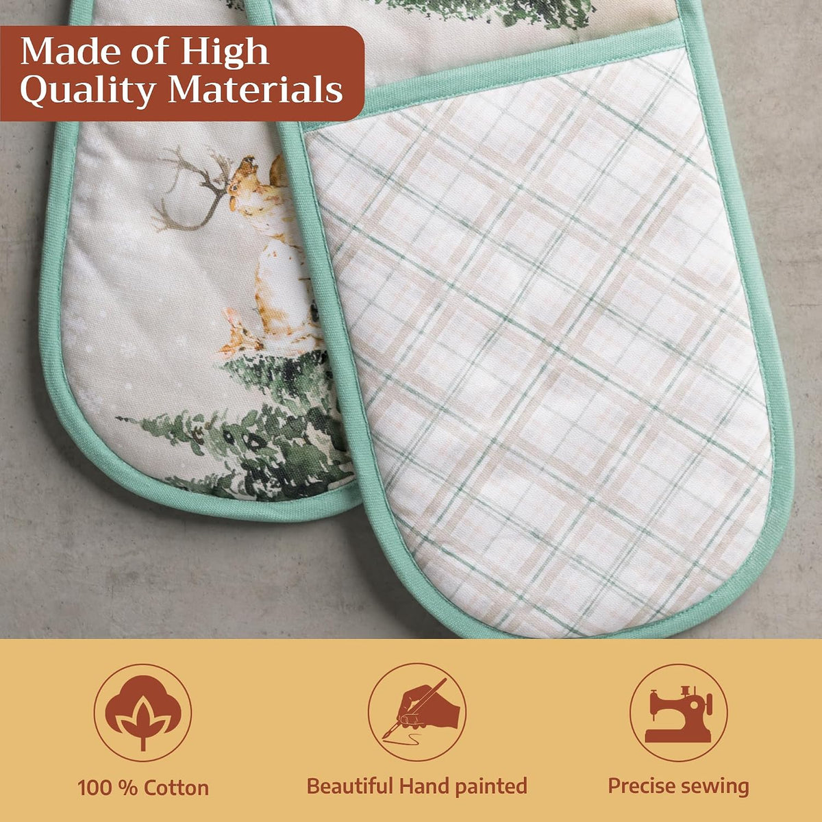 Maison d' Hermine Double Oven Mitts 100% Cotton Double Oven Glove (7"x35") | Heat Resistant BBQ Cooking Gloves with Loop Baking Kitchen Home Hotel Farmhouse Thanksgiving Christmas - Deer In The Woods