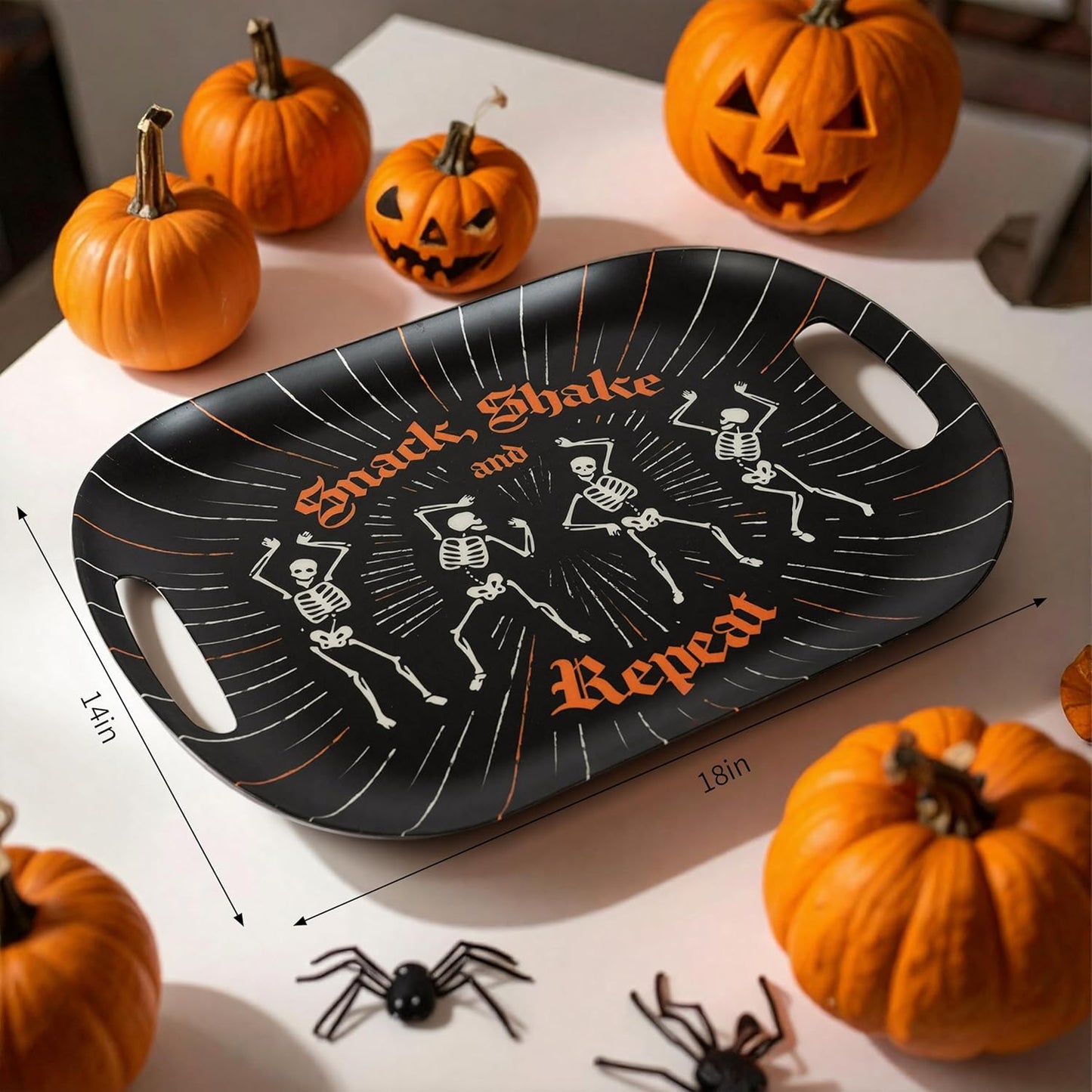 Oasis Choice 2-Pack Halloween Skeleton Serving Trays, 18" Large Handled Tray & 13" Chip & Dip Platter for Horror Party, BBQ