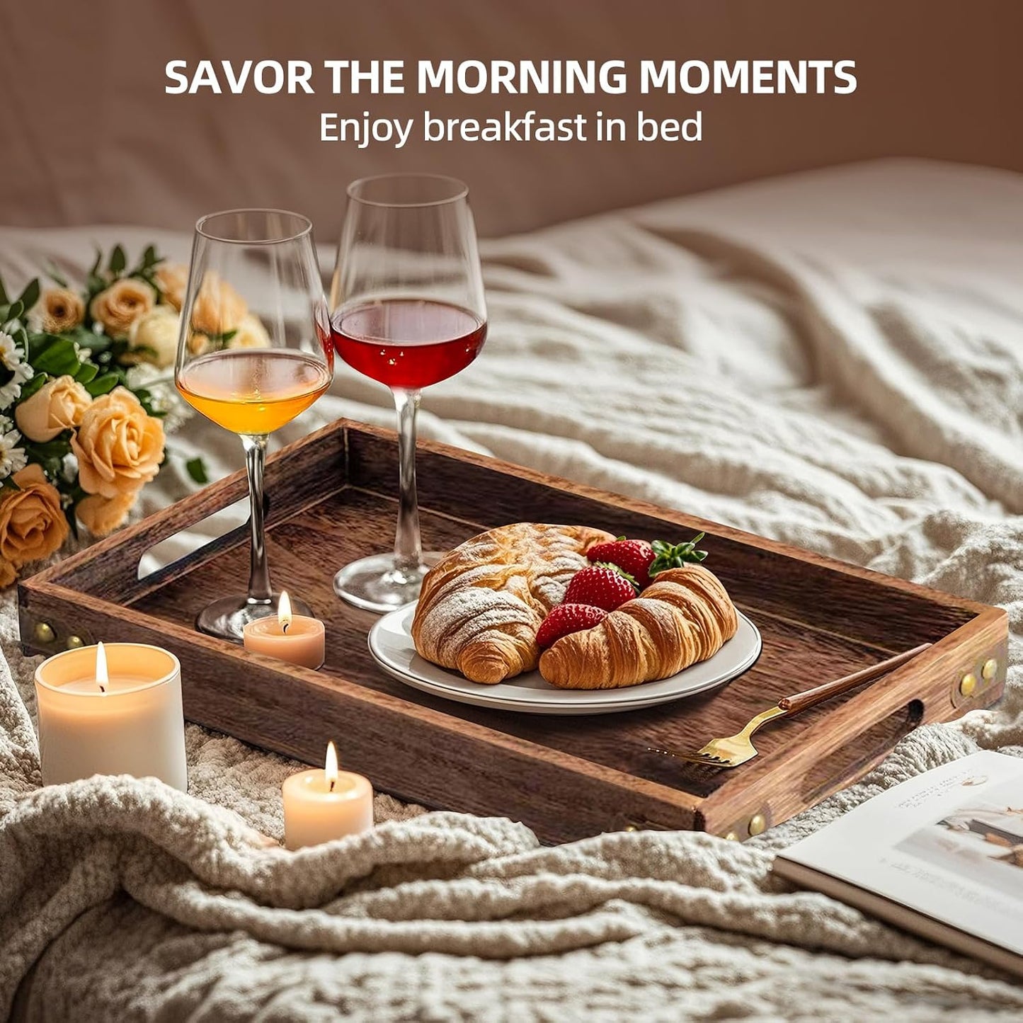 Wood Serving Tray with Handles for Breakfast in Bed, Coffee Table | 15.8 x 11 Inches Rectangular Pine Wood Decorative Tray, Ottoman Decorative Trays Platter for Living Room, Bar, Party
