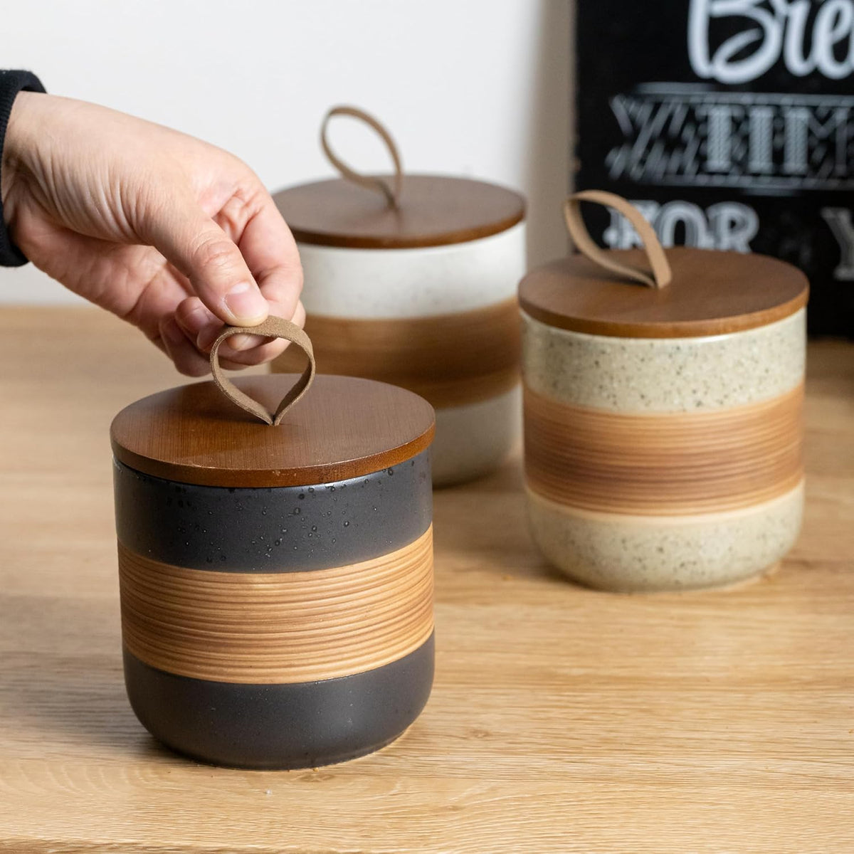 Small Ceramic Jar with Lid, Coffee Container Kitchen Food Storage Jars for Spice Sugar Tea Bag Matcha Container Airtight, Stacairtightkable Decorative Jars for Countertop, Black & 5 fl.oz