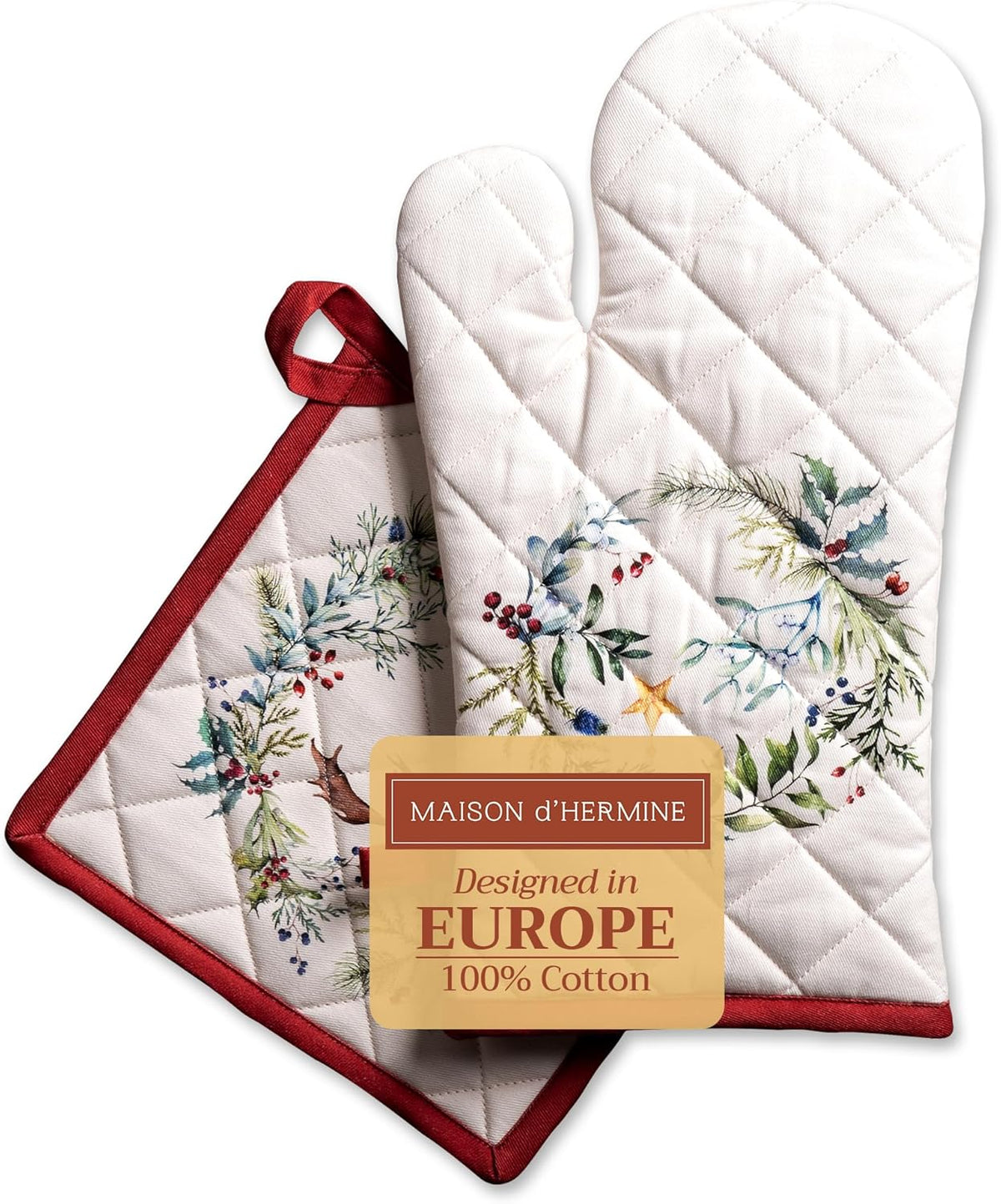 Maison d' Hermine 100% Cotton Oven Mitt & Pot Holder Set (7.5"x13" & 8"x8") Heat Resistant BBQ Cooking Gloves with Loop, Baking, Grilling, Kitchen, Handling Hot Pans (Holly Time)