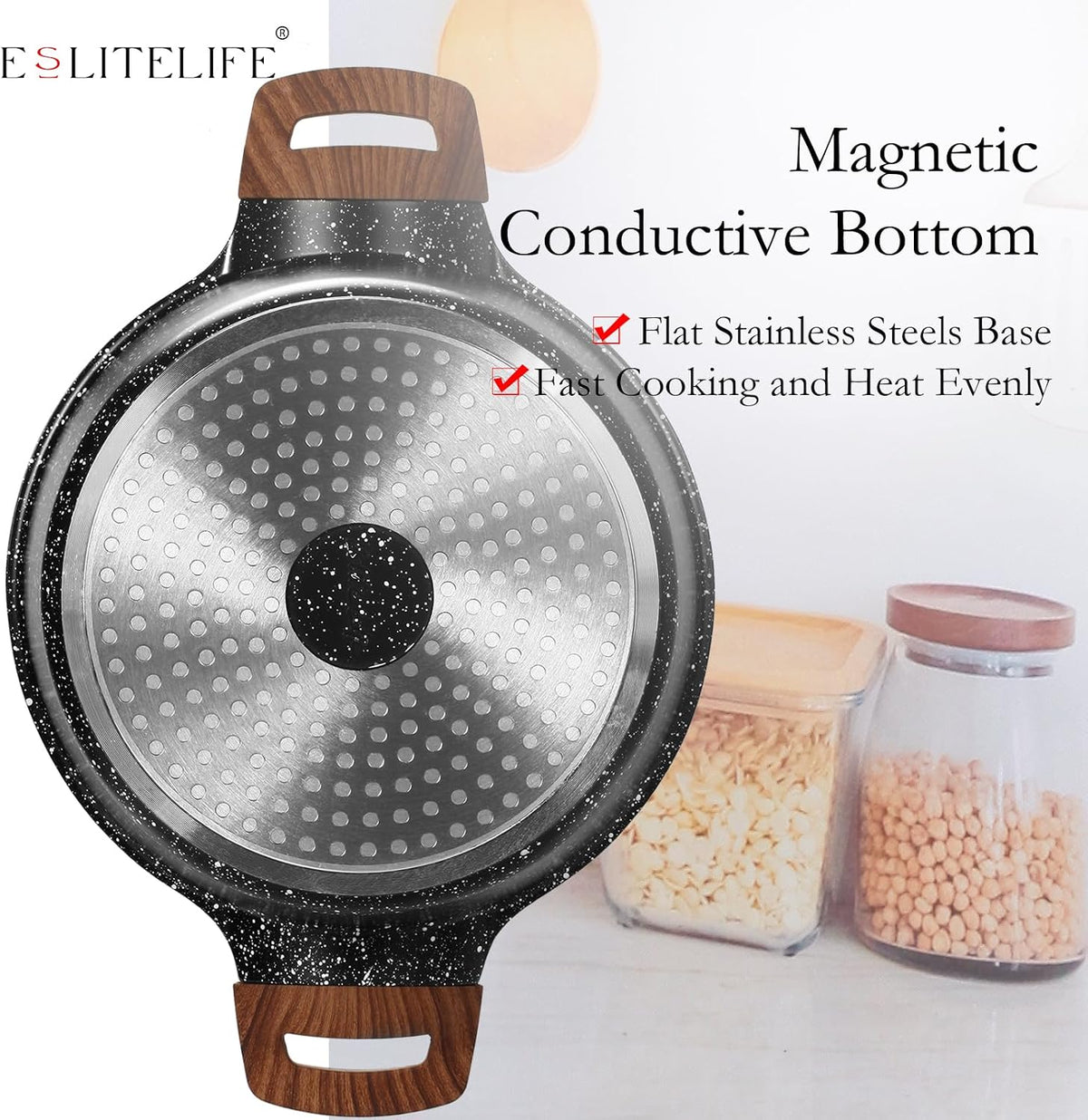 ESLITE LIFE Nonstick Stock Pot with Lid, 3 Quart Granite Casserole Small Soup Pot Pasta Cooking Pot, Induction Compatible, PTFE & PFOA Free, Black