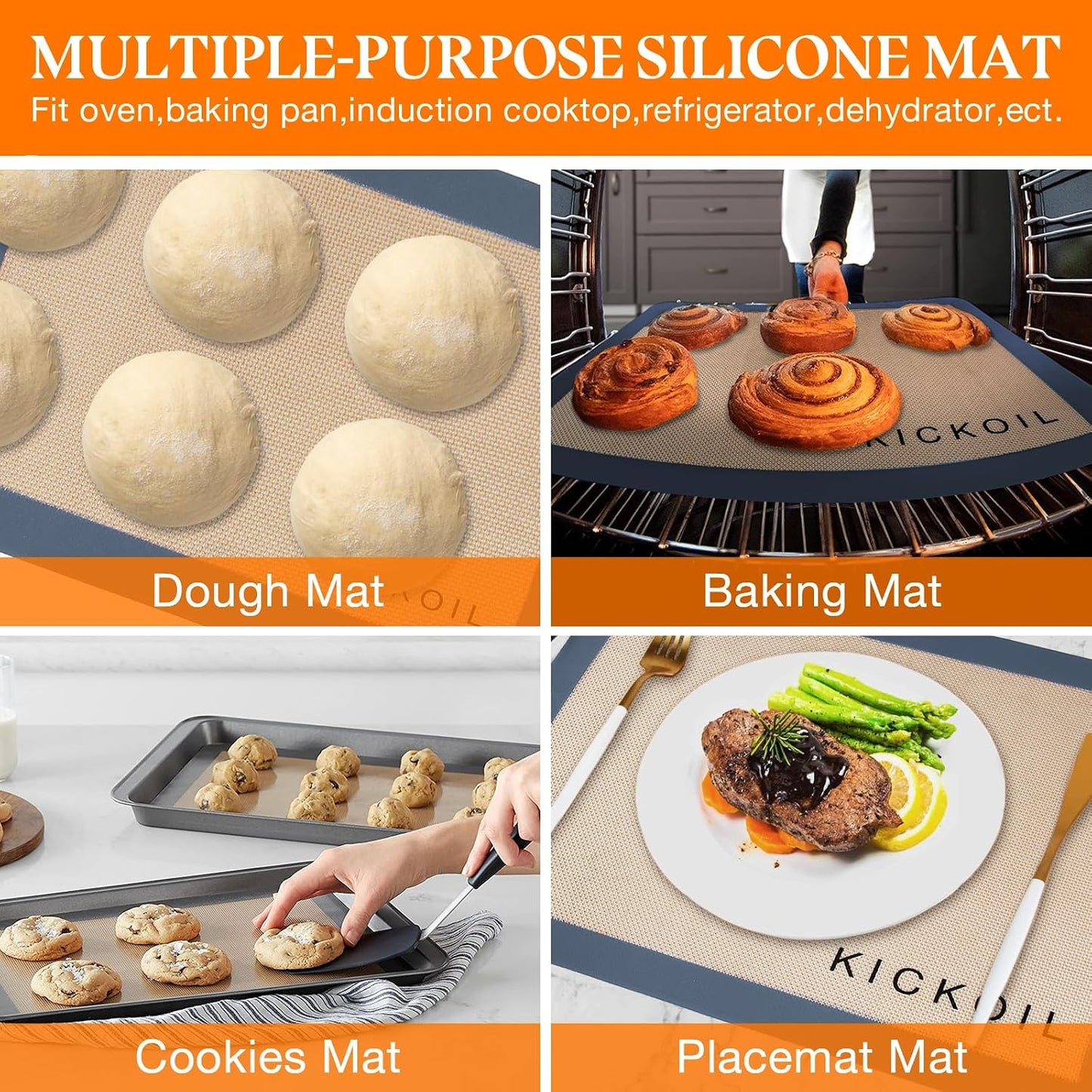 Silicone Baking Mats Set of 3, Non-Stick Reusable BPA-Free Oven Liners | Non Slip Silicone Baking Sheet for Cookies, Macarons, Bread and Pastry, 16.5'' x 11.6''(2 Half) &amp; 11.6' x 8,5''(1 Quarter)