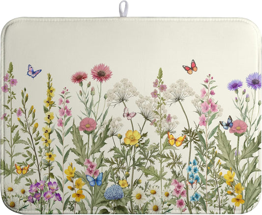 Spring Dish Drying Mat Summer Floral Flowers Kitchen Dish Drying Pad Absorbent Dish Dryer Mat for Kitchen Countertops
