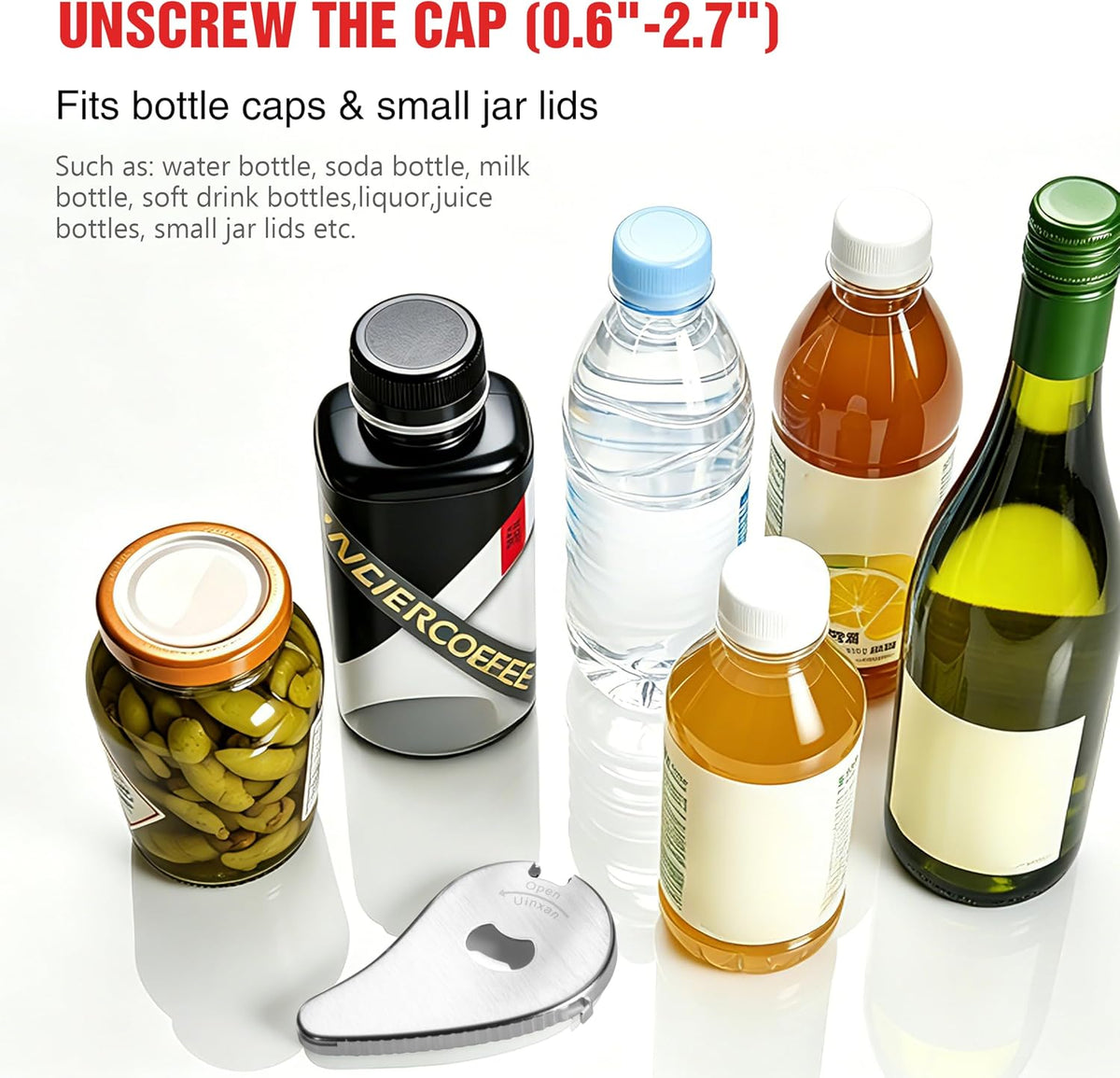 Uinxan 5 in 1 Bottle Opener for Small Jar Lid, Beer, Can Tab, Vacuum Seals | Effortlessly Opens Screw Caps(0.6"-2.7"), Stainless Steel Multi Portable Tool,Ideal for Seniors &amp; Weak Hands (Silver)