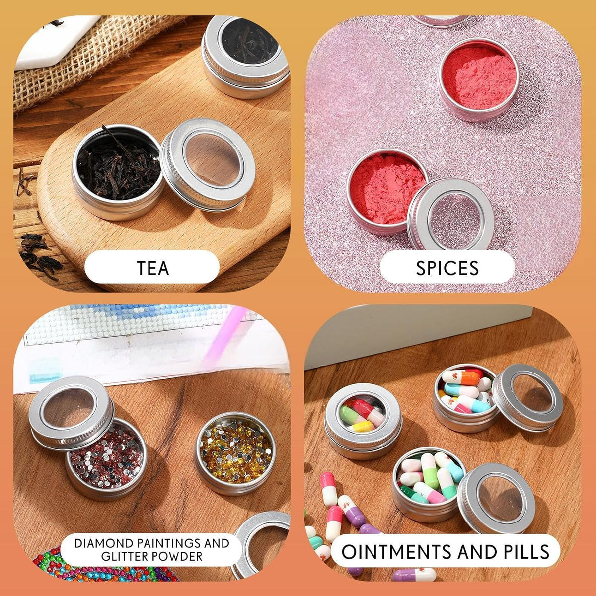Zubebe 50 Pcs Aluminum Tin Jar Refillable Containers Clear Top Screw Lid Round Tin Container Bottle for Cosmetic, Cream, Diamond Painting, Salves, Balms, Lip Balm, Spices or Others, Silver (1 oz)