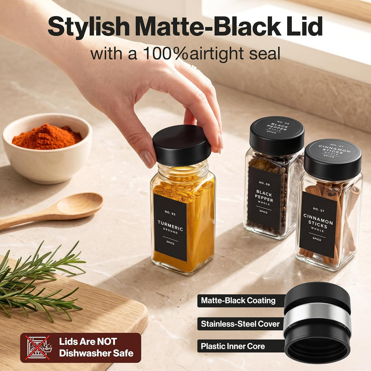 EDELHAUS Glass Spice Jars with Label, Seasoning Set, 24x Black Steel Lids