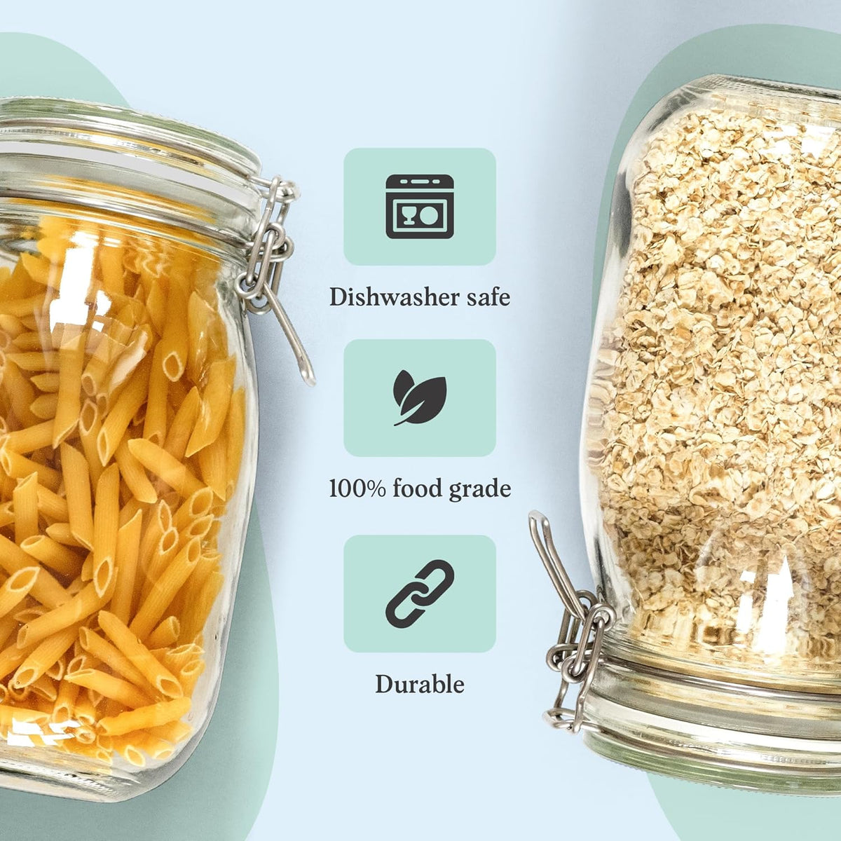 Marbelous Set of 3 Glass Mason Jar with Airtight Lid 50 Ounces | Glass Storage Container for Food, Flour, Pasta, Coffee, Candy, Dog Treats, Snacks
