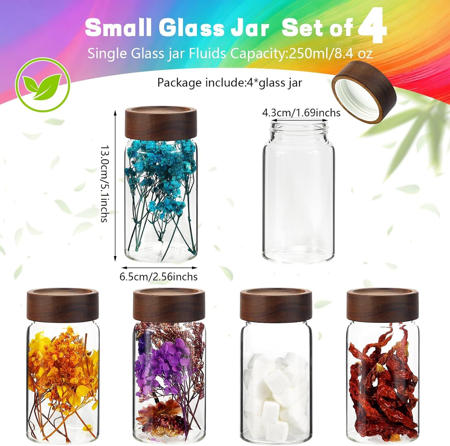 8 oz Small Glass Spice Jars with Airtight Wood Acacia Lid 4 PCS,Clear Coffee Ground Storage Canister Round Glass Spice Jar for Pantry Sugar Tea Bean Nuts Cookies Salts Seasoning