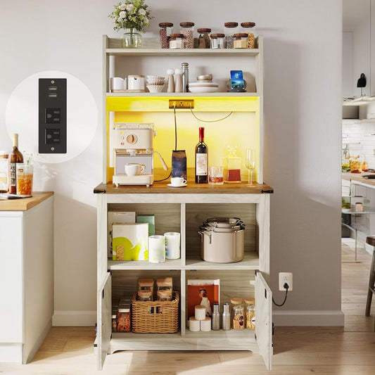 YITAHOME Bakers Rack Cabinet, Microwave Stand with Power Outlet & RGB LED Lights, Farmhouse Coffee Bar Station with Storage,