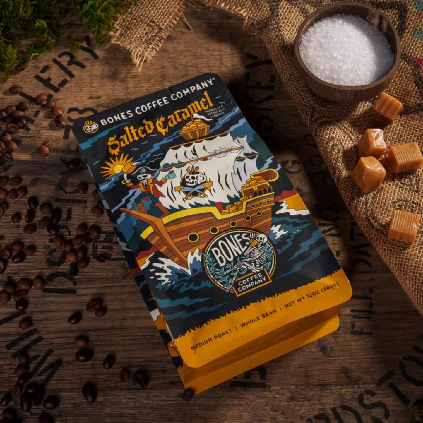 Bones Coffee Company Salted Caramel Flavored Coffee, Medium Roast Low Acid Arabica Beans Compatible with Auto drip and French Press Coffee Maker, 12 Oz Whole Bean