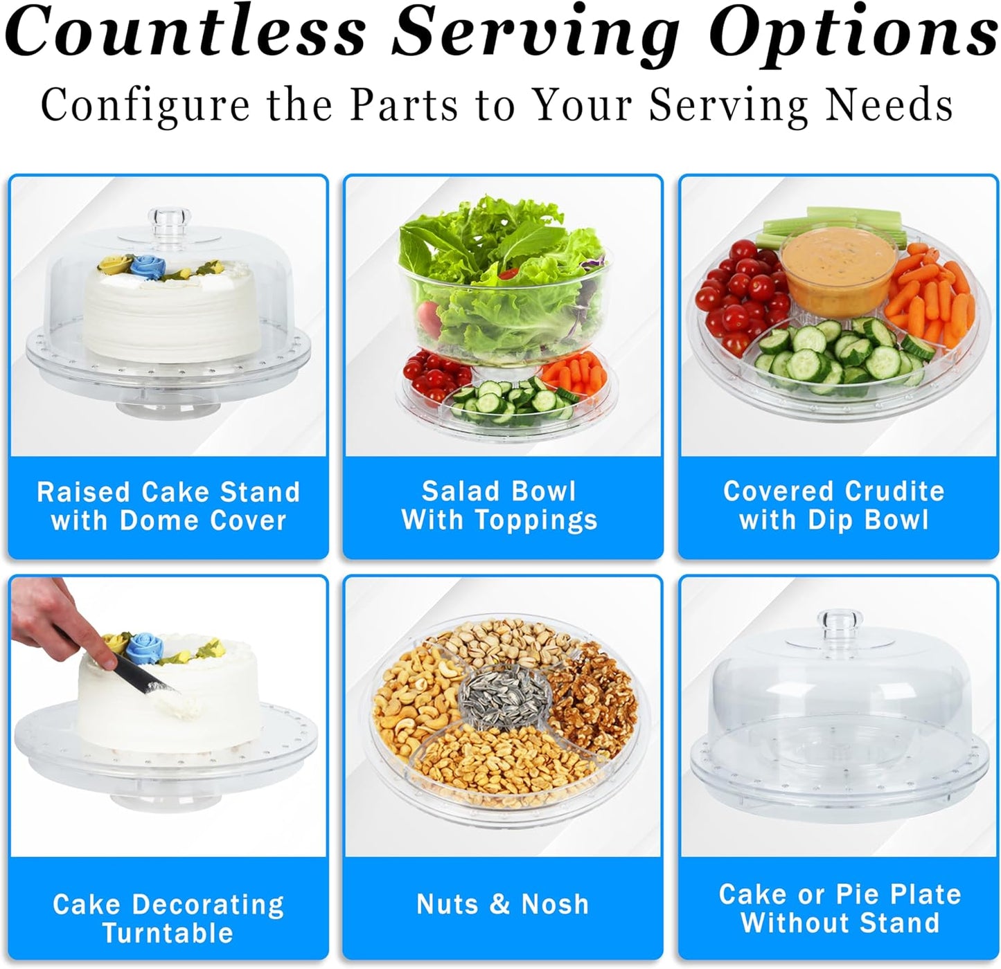 7in1 Rotating Multifunctional Acrylic Cake Stand with Lid &amp; Cake Turntable | 12" Cake Turntable for Decorating Kit Serving Salad Bowl/Veggie Platter/Punch Bowl/Desert Platter - BPA Free