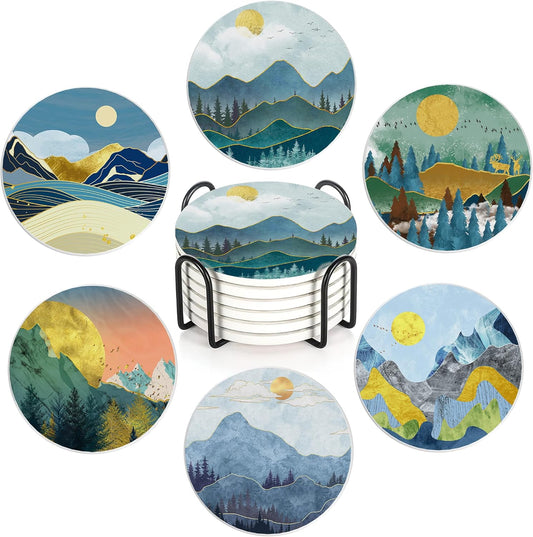 6 Pcs Coasters for Drinks with Holder, Abstract Mountain Sun Absorbent Ceramic Coasters with Cork Base,Cute Funny Table