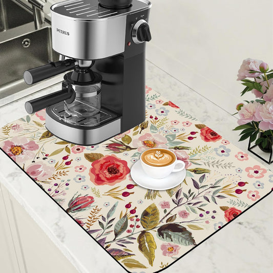 Vintage Flowers Coffee Mat Rose Berries Dish Drying Mat for Kitchen Counter Absorbent Drying Rack Pad Hide Stain Rubber