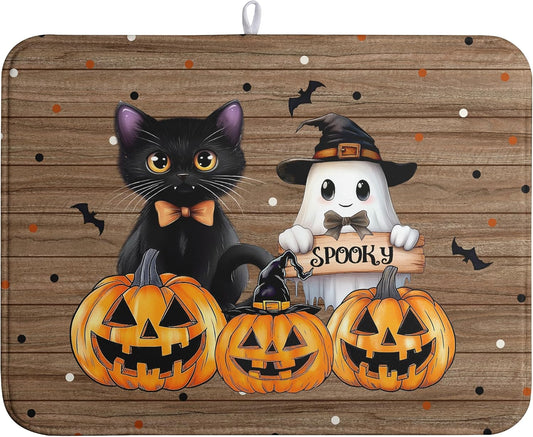 Halloween Spooky Pumpkin Dish Drying Mats Ghost Dish Mat Kitchen Cat Large Drying Matt Dishes Dryer Pad for Kitchen Counter